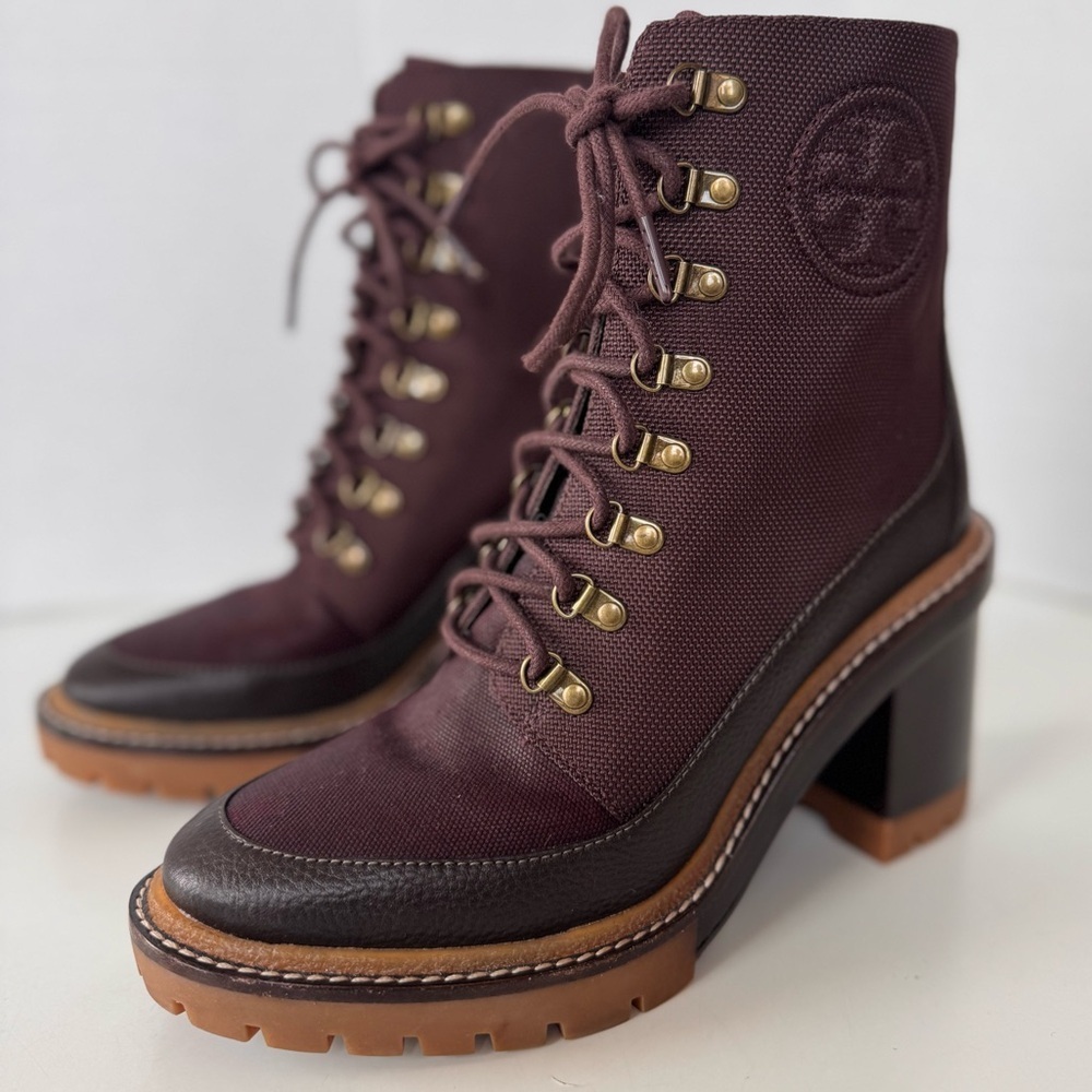 Tory Burch Miller Burgundy Canvas Lug Sole Lace Up Heel Boots Women’s size 8 - Picture 2 of 11